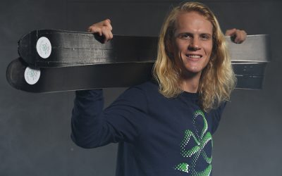 Brendan ‘Bubba’ Newby skis the halfpipe in mismatched skis